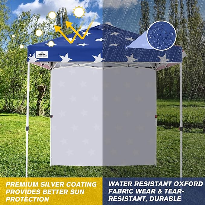 EAGLE PEAK Pop Up Canopy Tent with 1 Sidewall, Easy Setup Event Tent, Outdoor Sun Shade, Wheeled Carry Bag, Stakes and Guy Ropes, Instant Canopy 6.6x6.6, American Flag