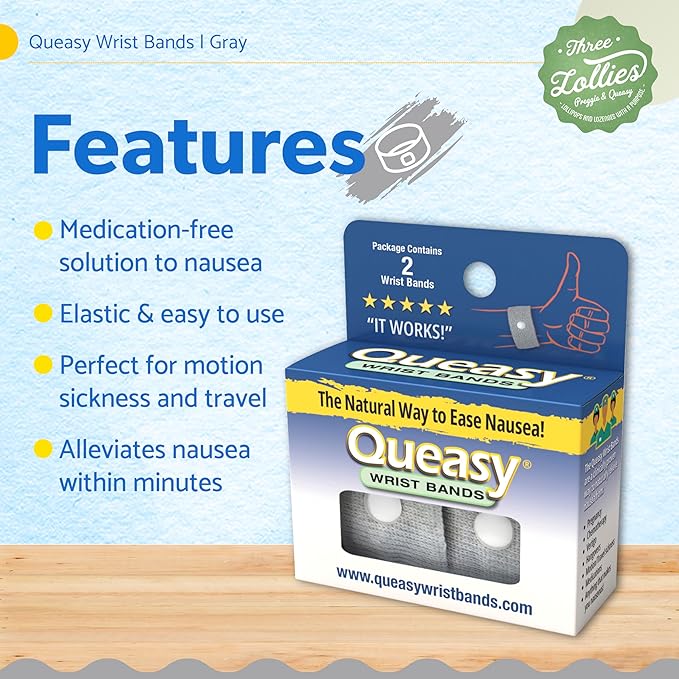 Three Lollies Queasy Wrist Bands - Natural Non-Drowsy Nausea Relief & Sickness Prevention - Travel & Motion Sickness - Relief from Nausea - Gray - 1 ct (2 Wrist Bands)