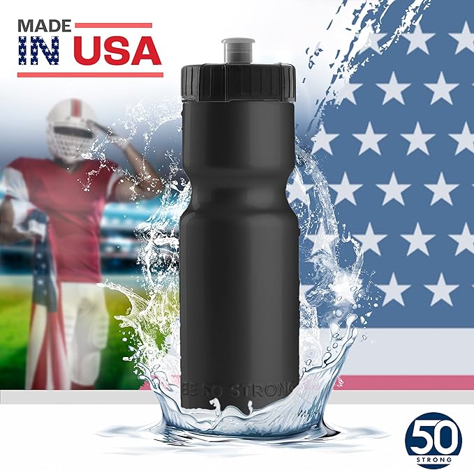 50 Strong Bulk Water Bottles | 24 Pack Sports Bottle | 22 oz. BPA-Free Easy Open with Pull Top Cap | Made in USA | Reusable Plastic Water Bottles for Adults & Kids | Top Rack Dishwasher Safe