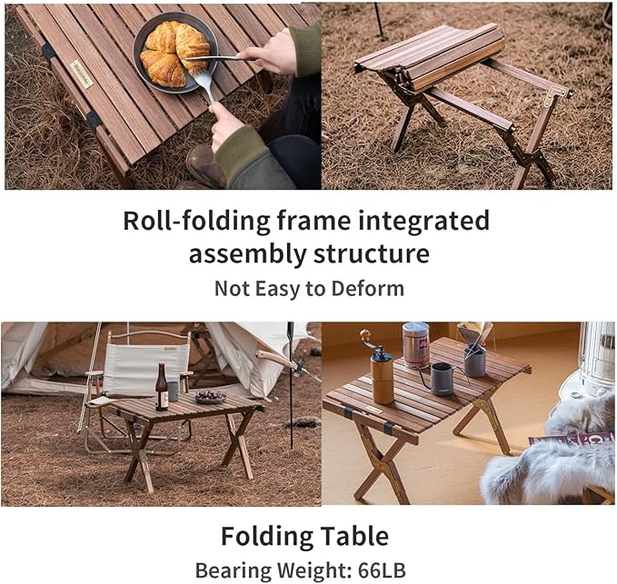 Naturehike Camping Folding Table, Roll-Up Table with Carry Bag, Portable Wood Outdoor Table for Low Picnic, Beach, Camping, Travel, Party, Beach, Garden, Backyard BBQ, Black Walnut Wood