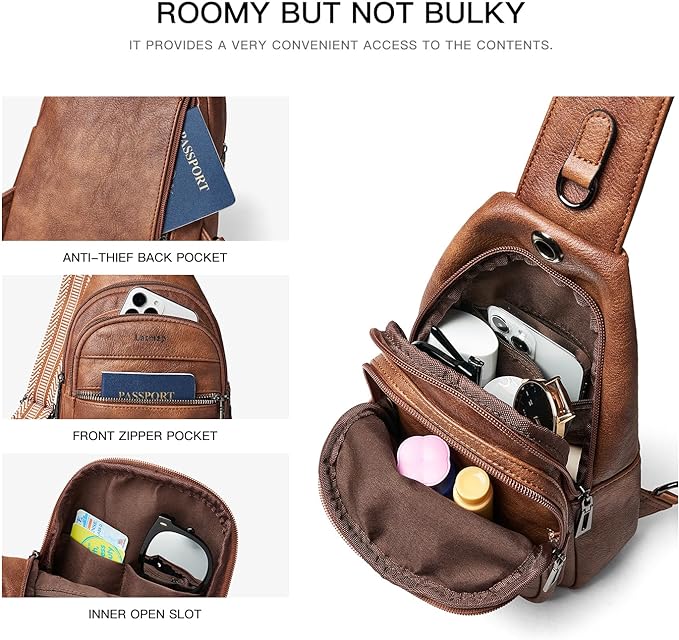 7L Sling Bag For Women Faux Leather Anti Theft Small Casual Daypack Backpack Fanny Pack Crossbody Chest Bags Purse Waterproof Brown