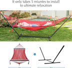 PNAEUT Soft-Spun Polyester Rope Double Hammocks with Stand for Outside, 2 Person Heavy Duty Steel Stand, Max 475 lbs Capacity (Ruby, with Stand)