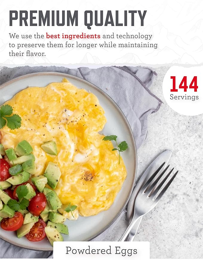 ReadyWise Emergency Food Supply - 144 Servings Freeze Dried Powdered Eggs Bucket, Protein Meals, Survival Food, Backpacking, Camping Essentials & Emergency Prepping Supplies, up to 10 Year Shelf Life