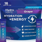 HydroMATE Electrolytes Powder Drink Mix Packets Hydration Accelerator Low Sugar Rapid Party Relief Recovery Vitamin C Plus Caffeine Grape 16 Count