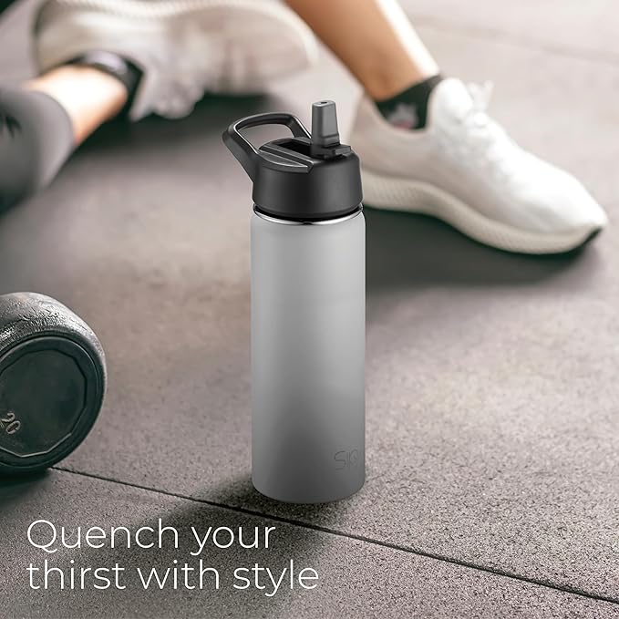 SipX™ Triple-Insulated Stainless Steel Water Bottle 18oz. With 3 Lids, BPA-Free Reusable Insulated Water Bottle Keeps Cold 24 Hours, (Grey)