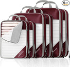 6 Set Compression Packing Cubes for Travel - Compressible, Lightweight, and Space-Saving Packing Cubes, Travel Essentials for Women, Wine