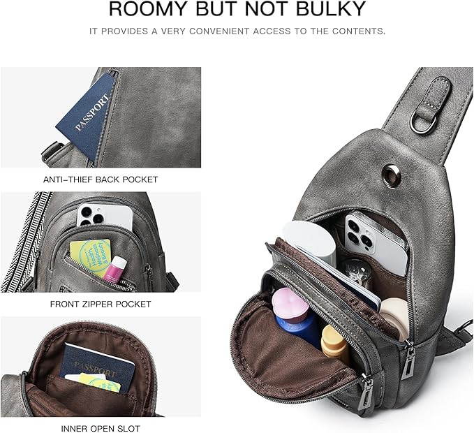 7L Sling Bag For Women Faux Leather Anti Theft Small Casual Daypack Backpack Fanny Pack Crossbody Chest Bags Purse Waterproof Dark Grey