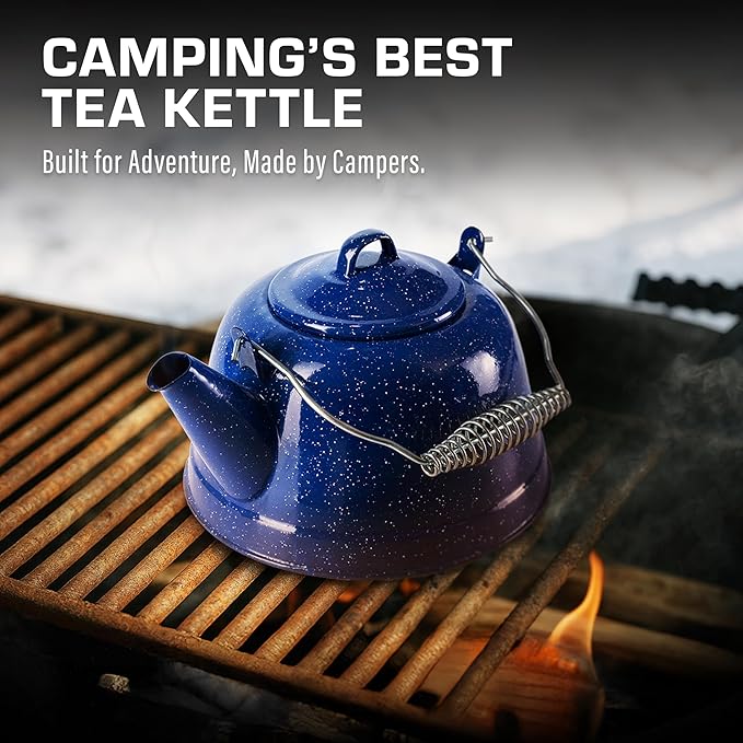 COLETTI Classic Camping Tea Kettle Stovetop — Travel Kettle, Camp Tea Pot for Stove — Chipping-Resistant German-Imported Enamel Coating [Blue Enamel, 9 Cups]