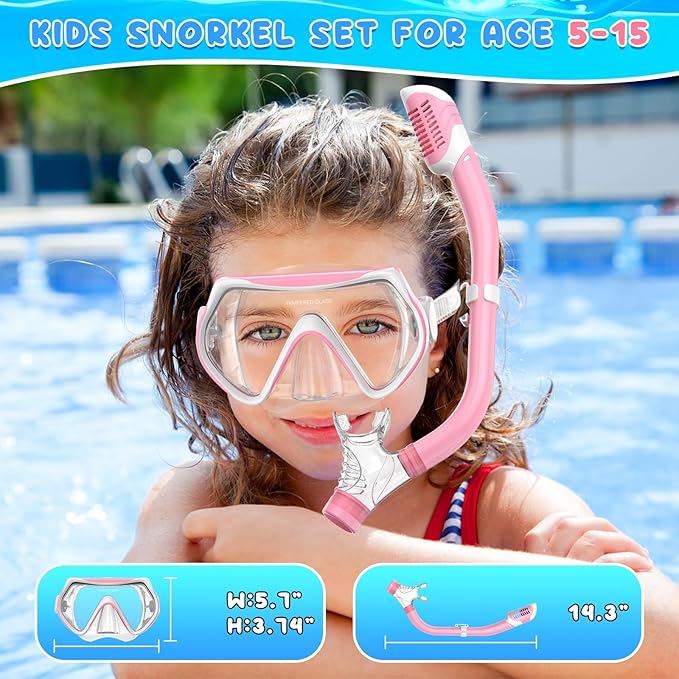 Snorkeling Gear for Kids, Kids Snorkel Set for Ages 6-14, Dry Top Snorkel, Mask Set Kid Swimming Goggles Diving Mask Combo Set Anti-Fog Panoramic View Scuba Packages