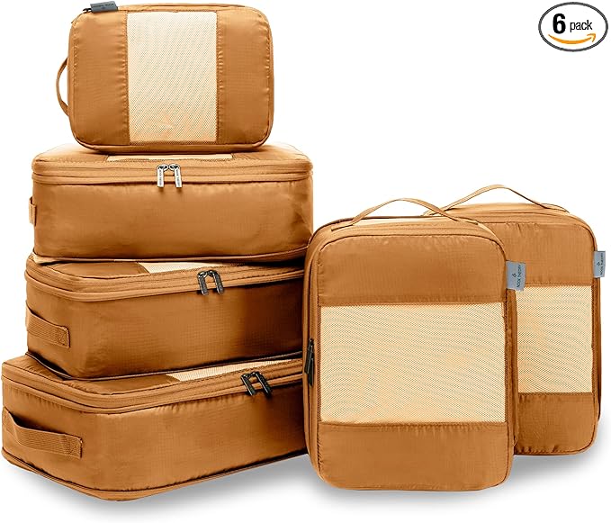6-Pack Compression Packing Cubes Travel Essentials - Lightweight, Water-Resistant Luggage Organizer Bags with Handles, Durable Travel Accessories Suitcase Organizer (Caramel)