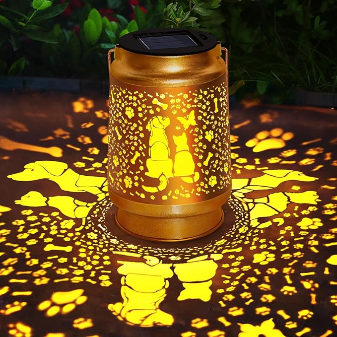 Cat & Dog Solar Lantern Outdoor, yeuago Waterproof Garden Lights with Paw Prints - Memorial Gifts for Pet Lovers, Christmas Decor for Backyard, Patio