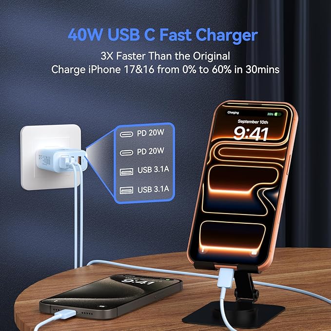 Duloch USB C Wall Fast Charger Block, 40W 4-Port Type C Chargers Fast Charging Blocks for Phone 17/16/15/14/13/12 Pro Max, Pad, Galaxy S24/23-2Pack Gradient Blue