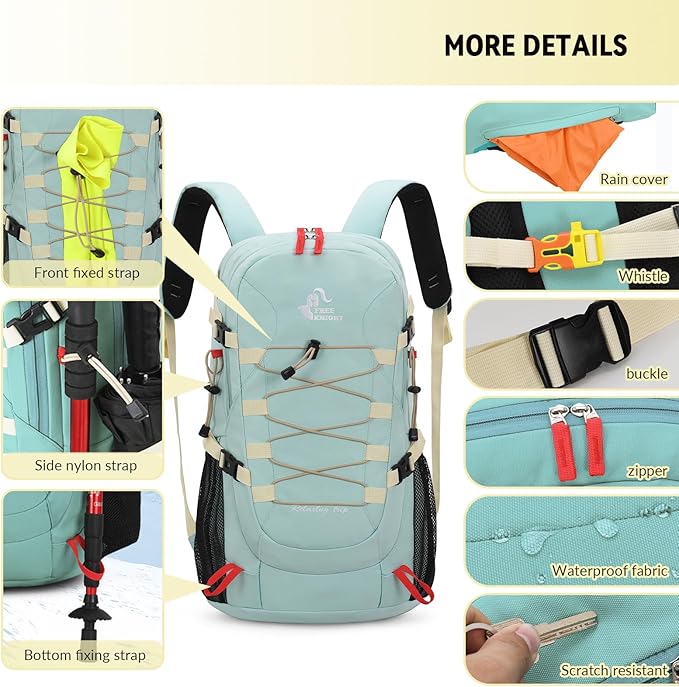 Bseash 40L Waterproof Hiking Backpack with Rain Cover, Outdoor Sport Travel Bag Daypack for Camping Climbing Skiing Cycling (Greenish-blue)