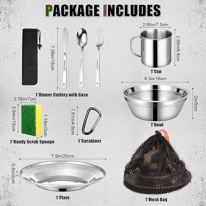 Scout Camping Mess Kit for Person 18/8 Stainless Steel Utensils Camping Dinnerware Kit Boy Scout Dishes Set Girl Scout Mess Kit with Mesh Bag Camping Cutlery Set for Travel Trip School Camp