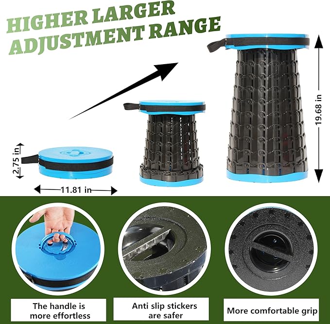 ALEVMOOM 2025 Upgraded XXL Collapsible Stool with Cushion 19.7",1000lbs Max Weight,Wider & Taller Pop Up Seat, Heavy Duty Portable Retractable Folding Chair or Travel Foot Rest for Camping & Outdoors