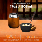 ENERGIFY Vacuum Insulated Food Jar. Large 17oz Bowl incl Folding Spoon, Cup. Wide Mouth Keep Hot & Cold Drinks Soup Lunch Container for Adults BPA-Free Stainless Steel, Leak Prooff Spiced copper