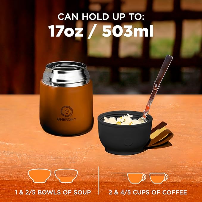 ENERGIFY Vacuum Insulated Food Jar. Large 17oz Bowl incl Folding Spoon, Cup. Wide Mouth Keep Hot & Cold Drinks Soup Lunch Container for Adults BPA-Free Stainless Steel, Leak Prooff Spiced copper