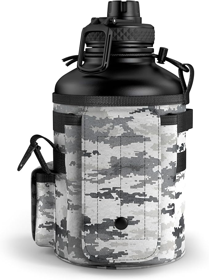 Combat Canteen - 64oz Insulated Water Bottle with Paracord Handle, Stainless Steel Water Jug with Rugged Pockets for Keys, Wallet & Phone - White Digital