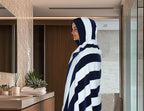 COTTON CRAFT Hooded Beach Towel - Oversized XXL 35x84 Towel with Hood for Adults - The Big Kahuna 7 Foot Beach Blanket Towel - Big & Tall Soft 100% Cotton Velour - Pool Bath Wrap - Cabana Stripe Navy