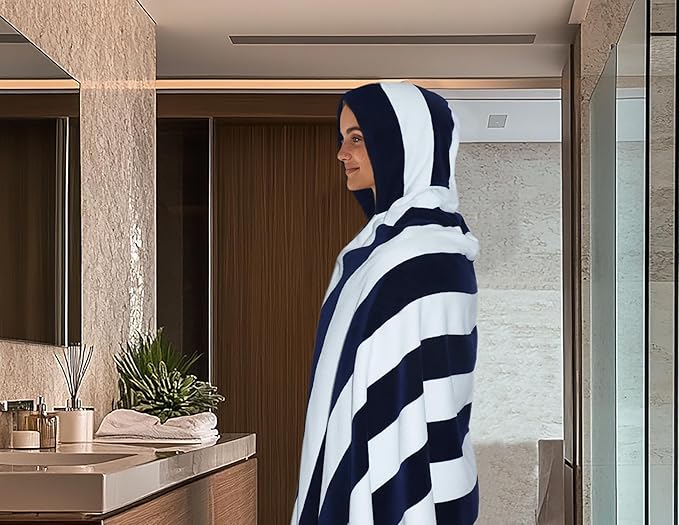 COTTON CRAFT Hooded Beach Towel – Oversized 35 x 70 Towel with Hood for Adults - 100% Cotton Velour Dobby Terry Towel - 450 GSM Pool Bath Wrap - Soft Absorbent Quick Dry – Cabana Stripe Navy