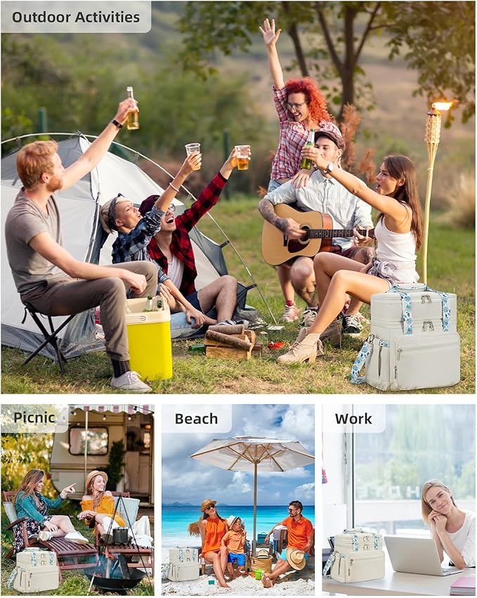 Double Deck Lunch Box for Women, Expandable Insulated Large Lunch Bag Women Leakproof Lightweight Lunch Cooler Bag Durable Lunchbox for Work Outdoor Travel, Beige