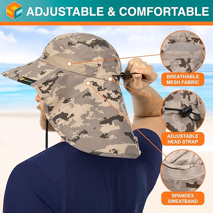 SUN CUBE Wide Brim Sun Hat with Neck Flap, UPF50+ Hiking Safari Fishing Hat for Men Women, Sun Protection Beach Hat