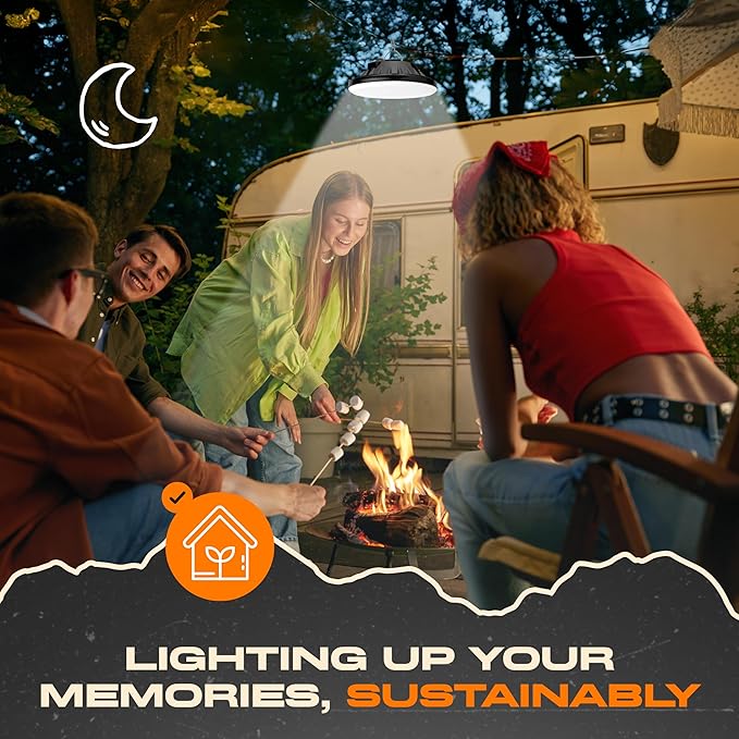 2 Pack Tent Lights for Camping - Solar Powered, Rechargeable USB, 3 Brightness Levels, Remote Control - Splash Proof IP44 Rated ABS Water Resistant Canopy LED Lights with Chrome Hook