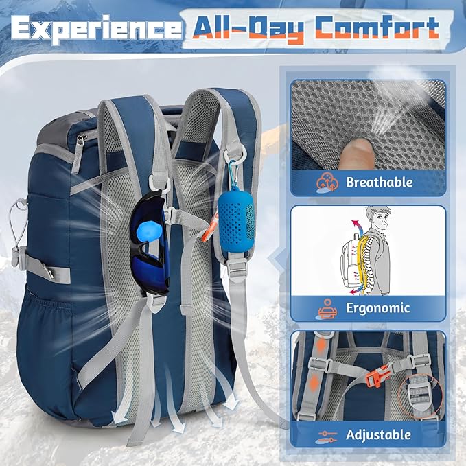 RAINSMORE Foldable Hiking Backpack for Women Men Packable Camping Backpack 40L Waterproof Hiking Daypack Bag Lightweight Collapsible Daypack for Travel Trekking Mountaineering Large Capacity Blue