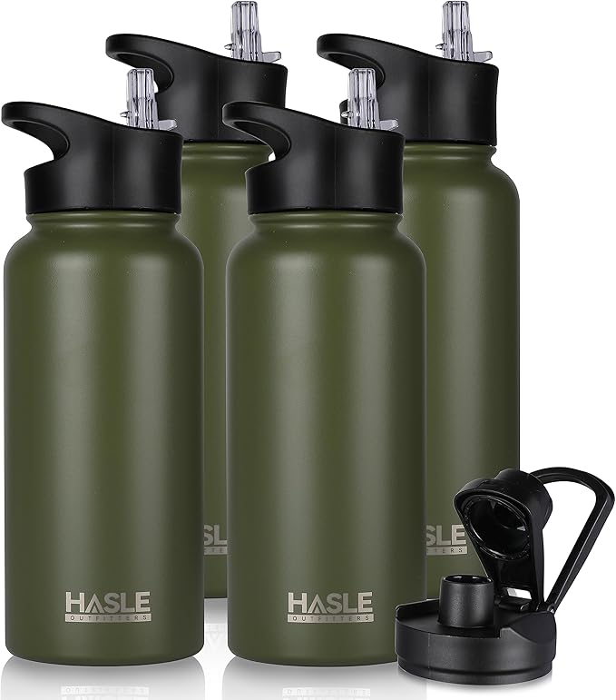 HASLE OUTFITTERS 32 oz Insulated Water Bottle Stainless Steel Double Walled Vacuum Sports Water Bottle with 2 Lids (Straw and Spout Lid) for Gym Camping Hiking(Army Green,4)