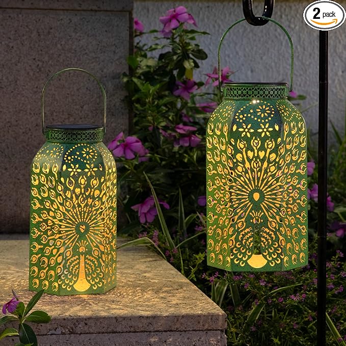 Homeimpro Solar Outdoor Lanterns Waterproof Peacock Gardening Gifts for Mom, Big Solar Garden Yard Art, Outside, Patio, Birthday Mothers' Day Gifts Grandma Wife (2Pack, Antique Green)