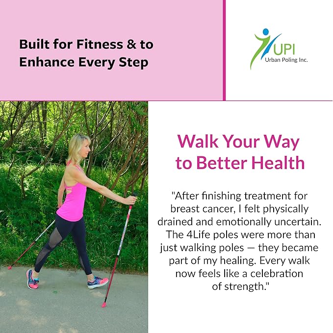 Urban Poling - Urban Poles 4Life - Lightweight, Aluminum Nordic Walking Sticks - Pink & Silver - 1 Pair – for Users 4'2"–6'2" - Collapsible & Adjustable Hiking Gear