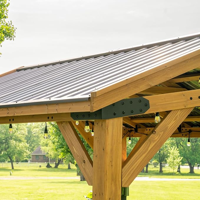 Backyard Discovery Norwood 14x12 All Cedar Wood Gazebo,Thermal Insulated Steel Roof, Durable, Supports Snow Loads and Wind Speed, Rot Resistant, Backyard, Deck, Garden, Patio Light Brown