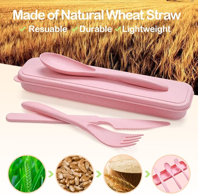 Reusable Travel Utensils Set with Case, 10 Sets Wheat Straw Portable Plastic Fork Spoons Knife Camping Cutlery, Eco-Friendly BPA Free Lunch Tableware for Kids Adults Travel Picnic Utensils