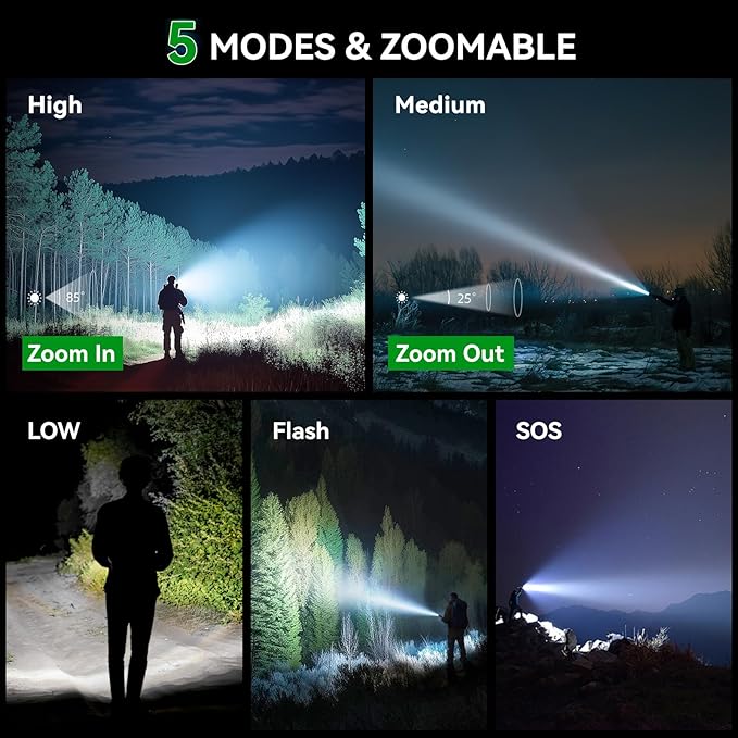 LETMY Tactical Flashlight - 2 Pack Bright Military Grade LED Flashlights High Lumens - Portable Handheld Flash Light, 5 Modes Zoomable Waterproof Flashlights for Home Emergency Camping- Green