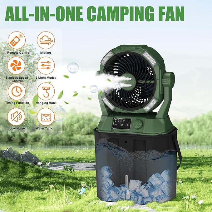 Misting Fan Portable 42800mAh Rechargeable with Remote Control, Mist Fan with 3 LED Light & Stepless Speed Control & Cooling Spray with 6L Bucket, Timer Function, Portable Handle, Rotate Hanging Hook