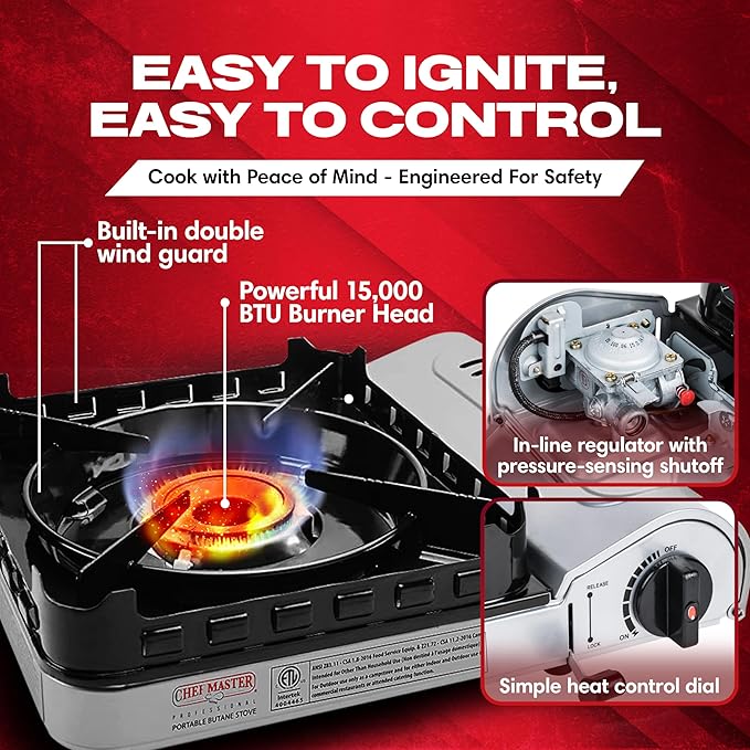 Chef Master 15,000 BTU Butane Portable Camp Stove | Double Wind-Guard Portable Stove Burner w/Piezo Click Ignition for Emergencies, Tailgating, Hiking, Backpacking & Camping Essentials - 90019