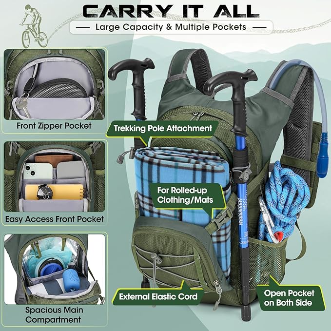 Hydration Backpack with Water Bladder, 18L Lightweight Hiking Backpack for Women&Men Small Insulated Hydration Water Pack for Hiking, Running, Cycling, Biking