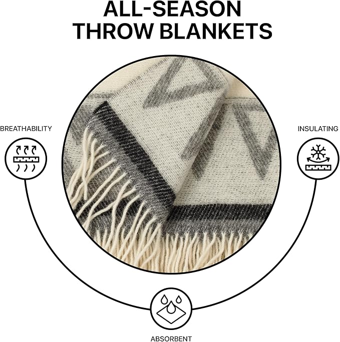 New Zealand Virgin Wool Throw Blanket, Indoor & Outdoor Blankets and Throws, Soft Blanket with Fringes, 55 x 79 in (140 x 200 cm), Beige Gray Blue
