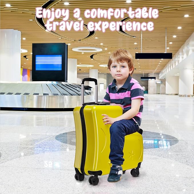 Kids Ride On Suitcase with Wheels, Scooter Luggage for Toddlers Travel, Durable Children's Suitcase for Boys & Girls Ages 2-15 Years Yellow