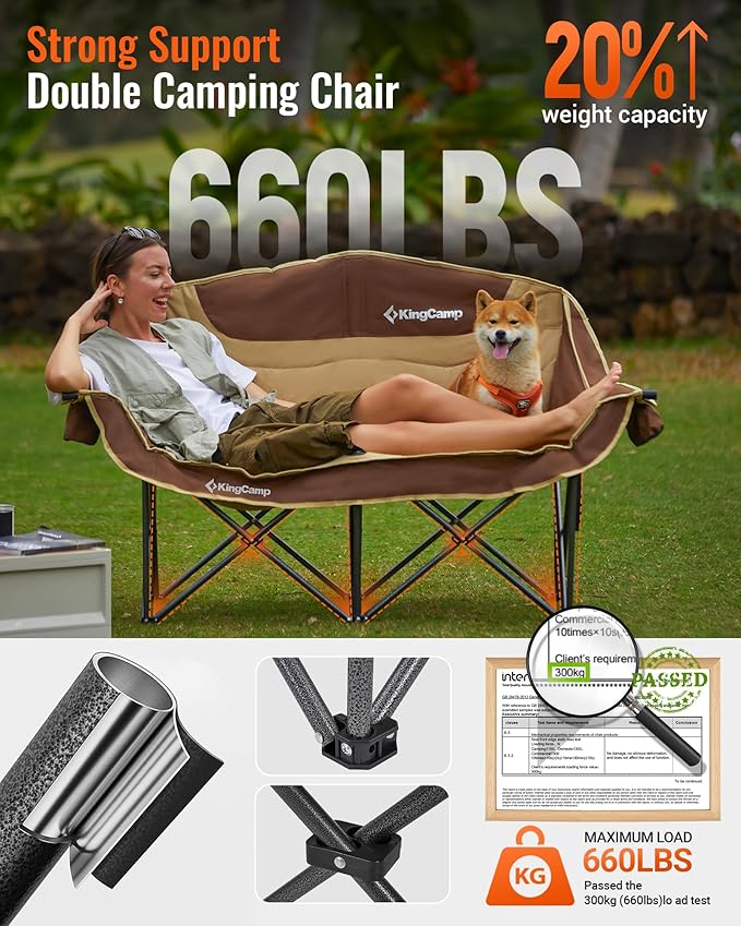 KingCamp Double Camping Chair, Oversized Heavy Duty Loveseat for Adults Portable Folding XL 2 Person Couch Padded Comfortable Two Seat with Cup Holder for Outdoor Lawn Backyard