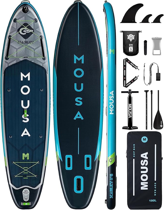 MOUSA 11'6“x35 Extra Wide Inflatable Stand Up Paddle Board, Stable Long SUP for 2 People/Family, Shoulder Strap, 3/5 Handles, 100L Backpack, All-Round Sup Board, Removeable Fin