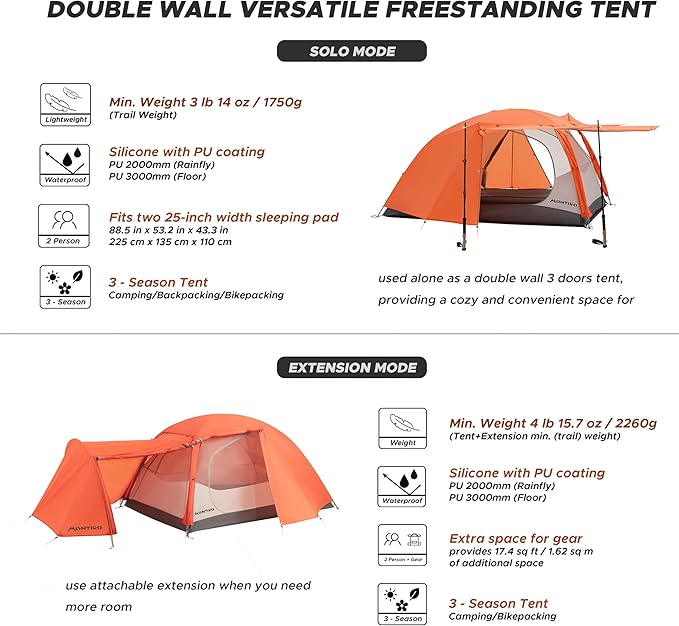 Triphyr Backpacking Tent with F-Nexus Extension 2-Person Combo, Attachable Extension Shelter, Lightweight 2 Person Tent for Backpacking Camping Hiking & Biking