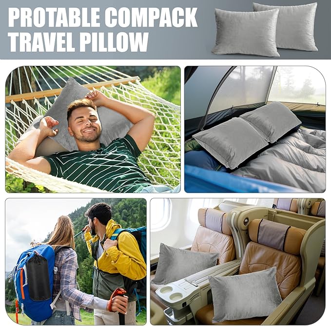 2 Pack Camping Pillow for Sleeping Shredded Memory Foam Travel Pillow with Storage Bag, Compressible Portable Pillow for Outdoor Camp Backpacking Hiking Essential Gear(Grey,Medium)