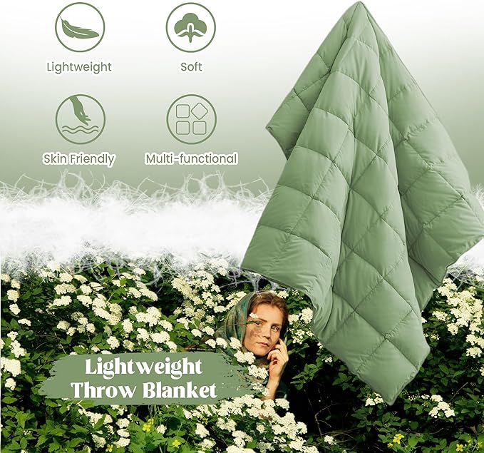 puredown® Lightweight Packable Couch Throw Soft Feather Down Throw Blanket for Indoor and Outdoor Use, 50"X70", Sage Green