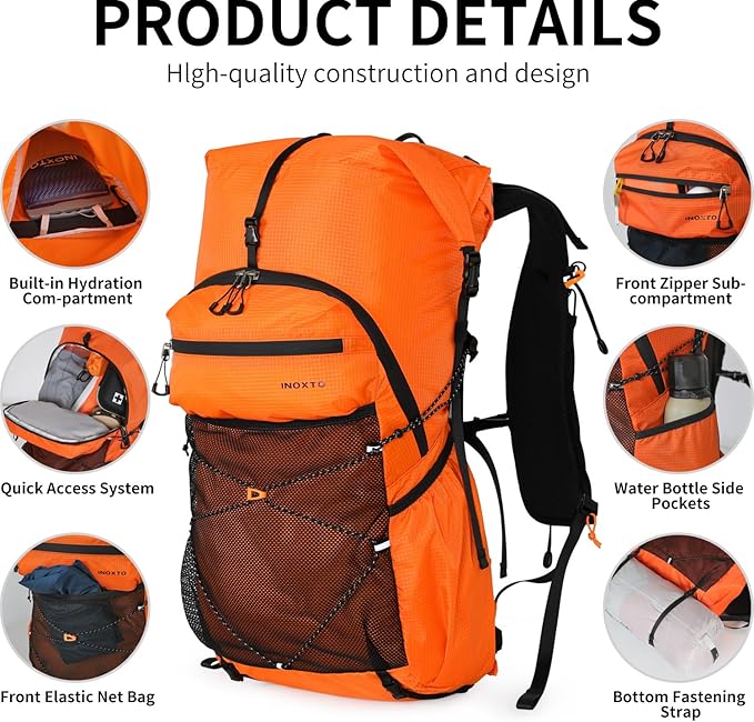 Hiking Backpack for Men and Women, 30L Waterproof Camping Backpack with 3L Water Bladder and Rain Cover, Lightweight Outdoor Sport Travel Daypack Rucksack for Climbing Cycling (Orange)