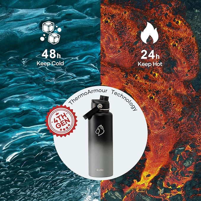 BUZIO Insulated Water Bottle with Straw Lid and Flex Cap, 40oz Modern Double Vacuum Stainless Steel Water Flask, Cold for 48 Hrs Hot for 24 Hrs Simple Thermo Canteen Mug