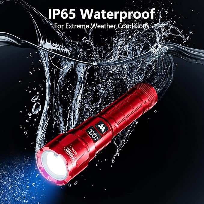 WdtPro LED Rechargeable Flashlight 2 Pack, Super Bright Zoomable 6000 Lumens Tactical Flashlight with LCD Digital Display, 3 Mode Waterproof Flash Light for Camping, Hunting & Home Emergency - Red