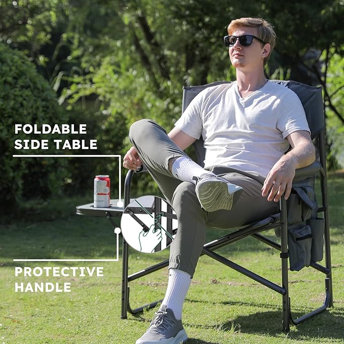 Colegence Oversized Directors Camping Chair Set of 2 Support 600 LBS, Heavy Duty Folding Outdoor Chairs with Detachable Side Pocket and Adjustable Side Table for Outside Beach,Lawn,Fishing (Green)
