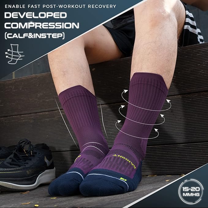 Compression Running Socks 3 Pairs, Cushion Crew Socks, Anti-Blister Moisture Wicking Athletic Hiking Basketball Socks