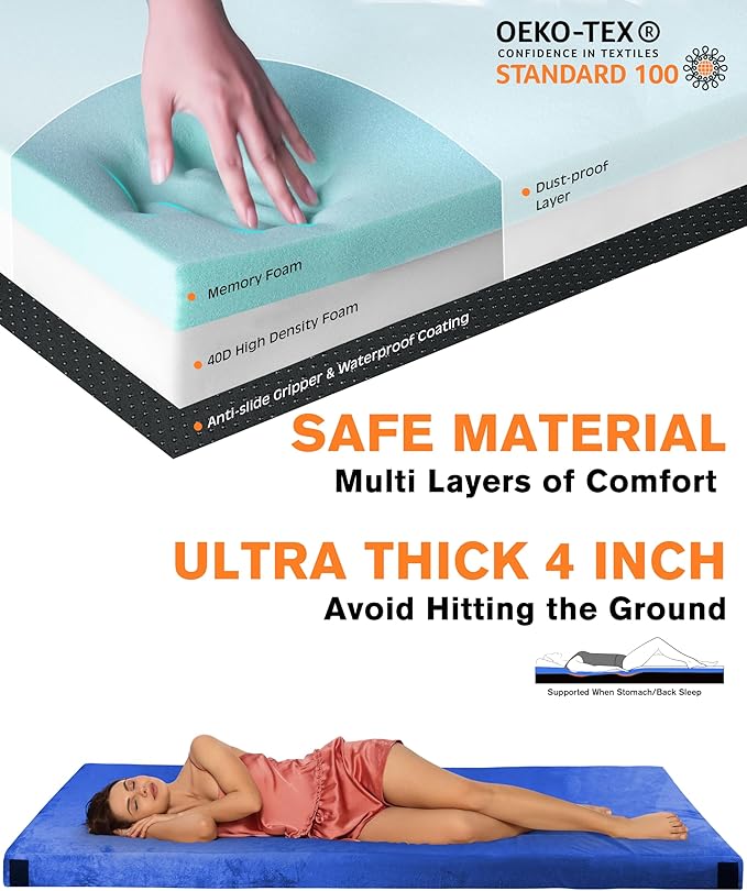 4 Inch GAIALOOP Extra Thick Memory Foam Camping Mattress, Roll Up Floor Sleeping Mat Camp Cot Mattress Pad Travel Camping Couch Bed for Guest Adults Side Sleepers